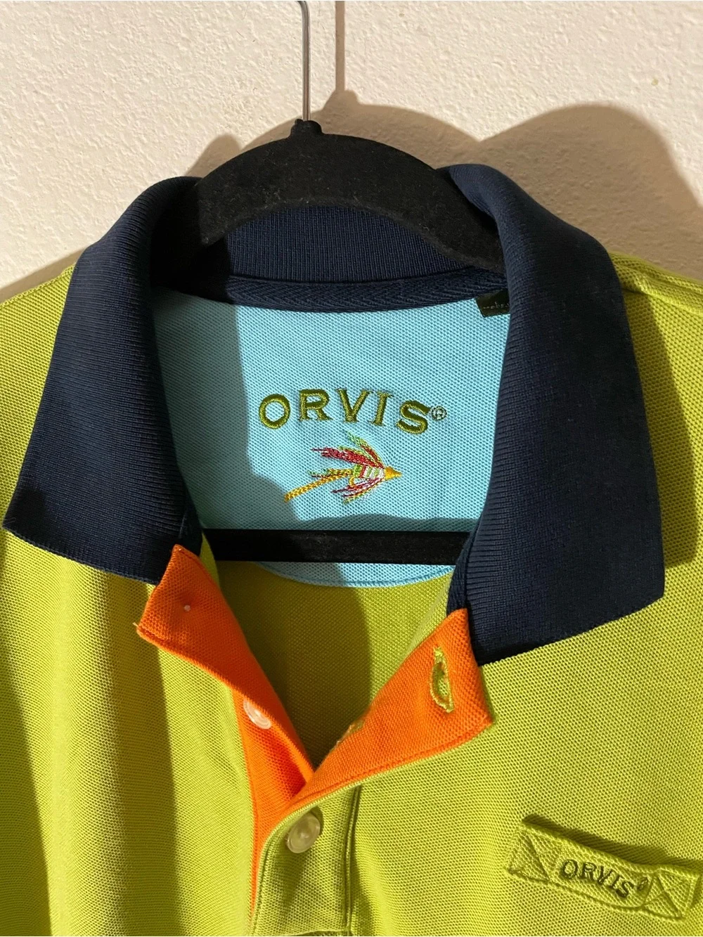 Orvis Lime Green Polo with Navy Collar and Orange Placket Accents
